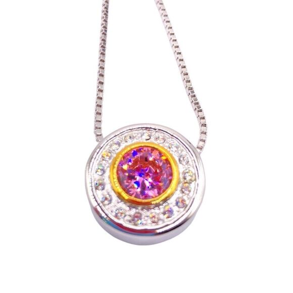 Silver pink clear cubic zirconia halo pendant necklace - Picture 2 of 5